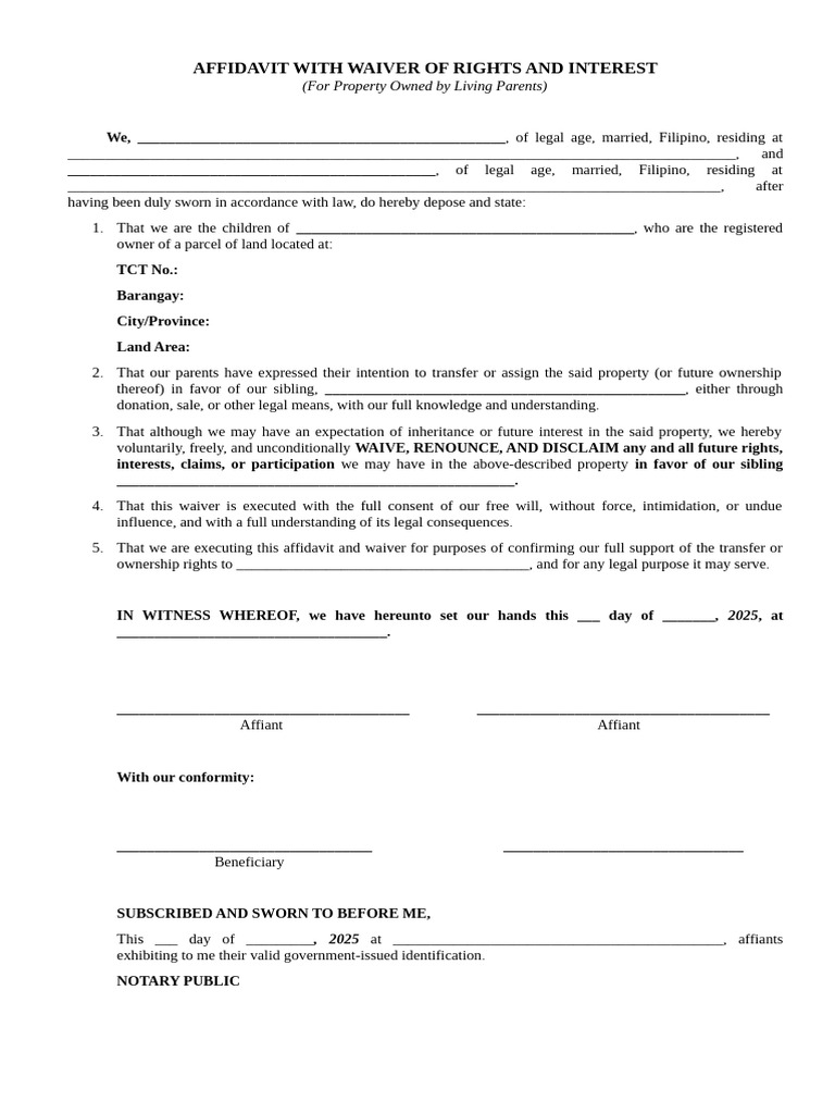 Affidavit Waiving Property Interest | PDF | Affidavit | Evidence