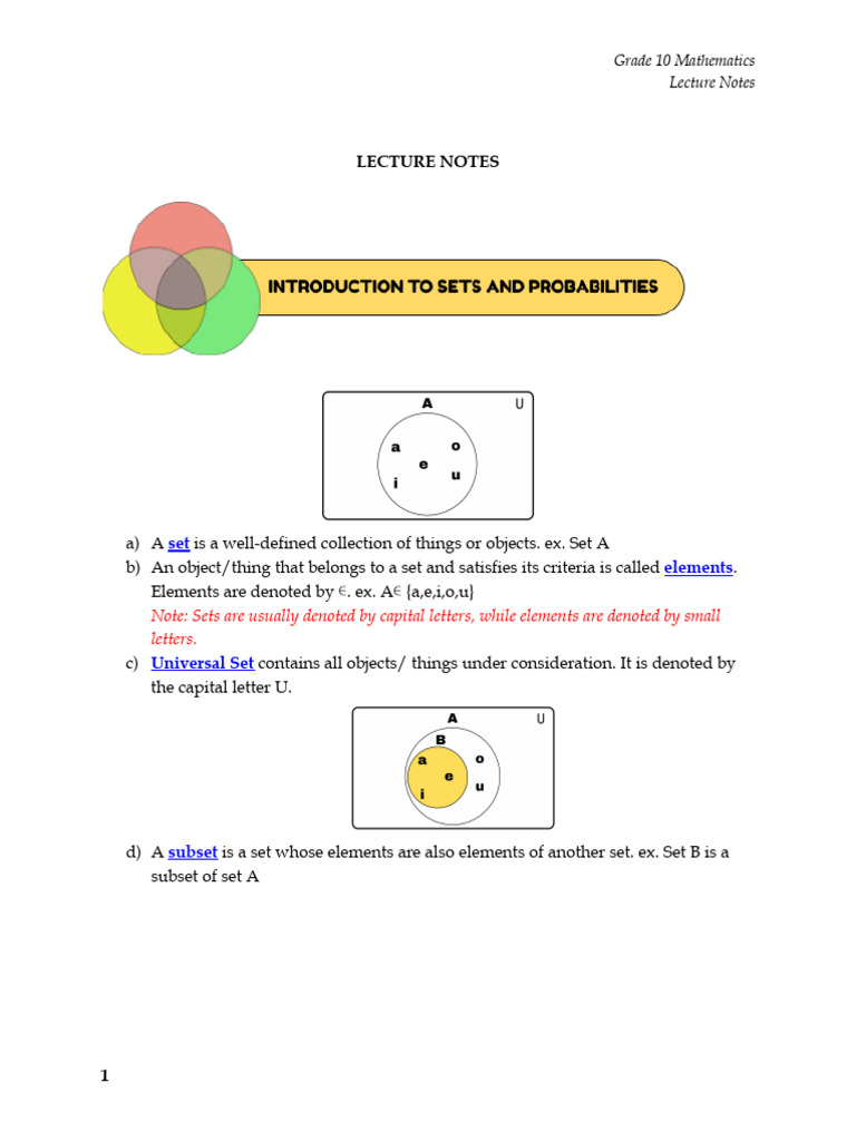 Grade 10 Math: Sets and Probability Concepts | PDF | Set (Mathematics ...