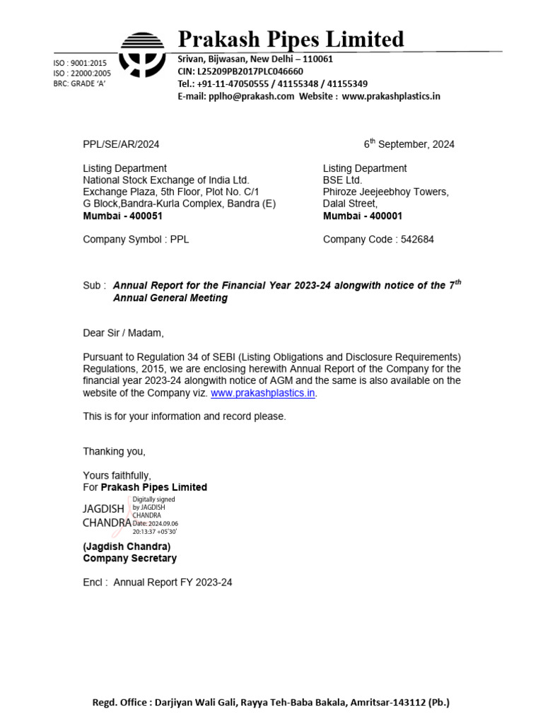 Prakash Pipes Limited: Mumbai - 400051 Mumbai - 400001 | PDF | Reserve ...