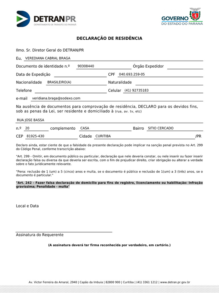 Declaração de Residência para DETRAN/PR | PDF