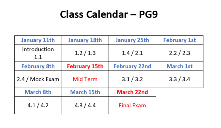 Class Calendar PG9 | PDF