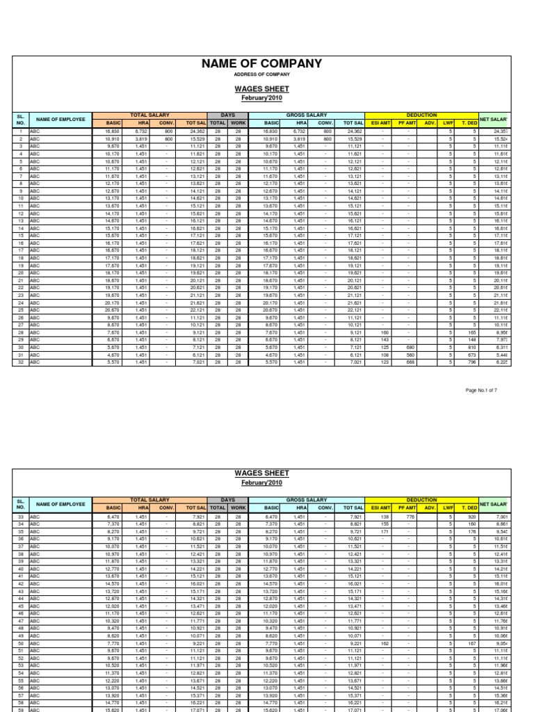 1 Salary Wages Sheet With Esi Epf Calculation or Advance Labour Welfare
