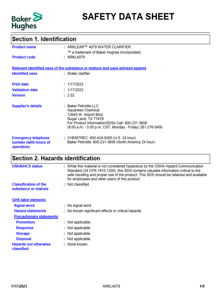ARKLEAR™ 4079 Water Clarifier SDS | PDF | Toxicity | Occupational ...