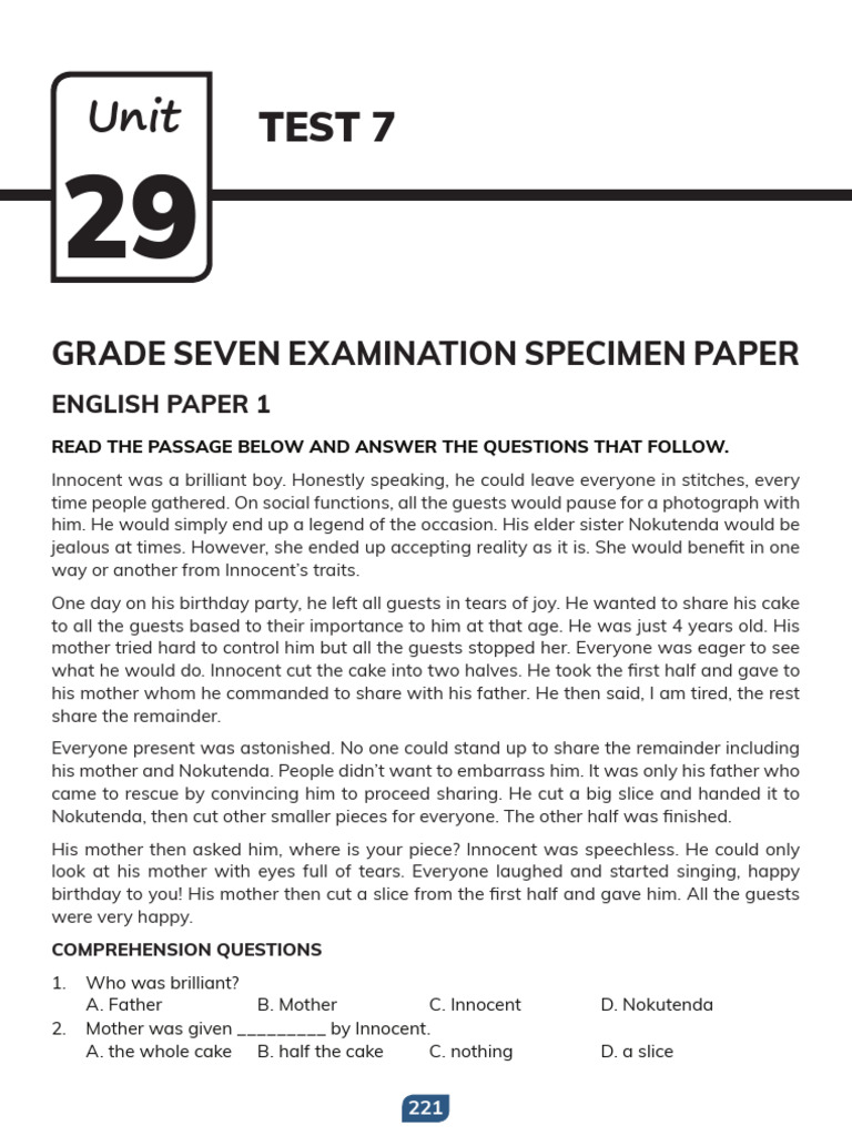 Grade 7 English Exam Specimen Paper | PDF