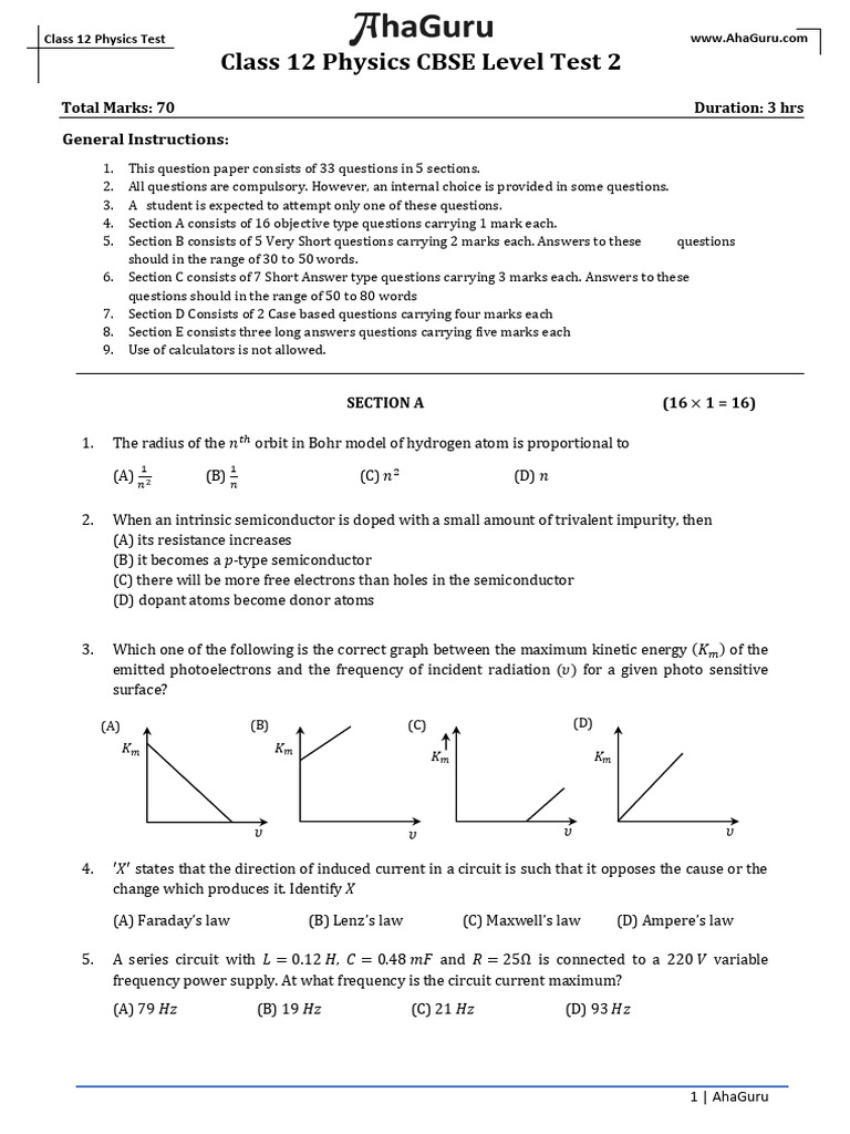 Class 12 Physics Test Paper | PDF | Inductor | Dielectric