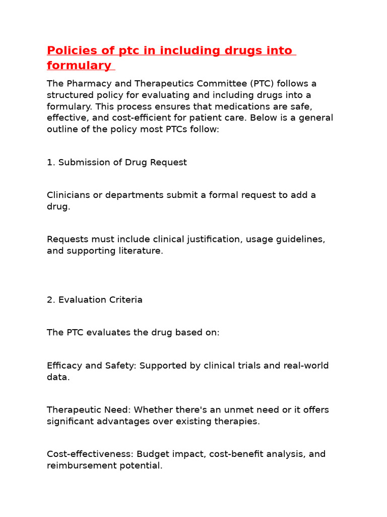 Policies of PTC in Including Drugs Into Formulary | PDF