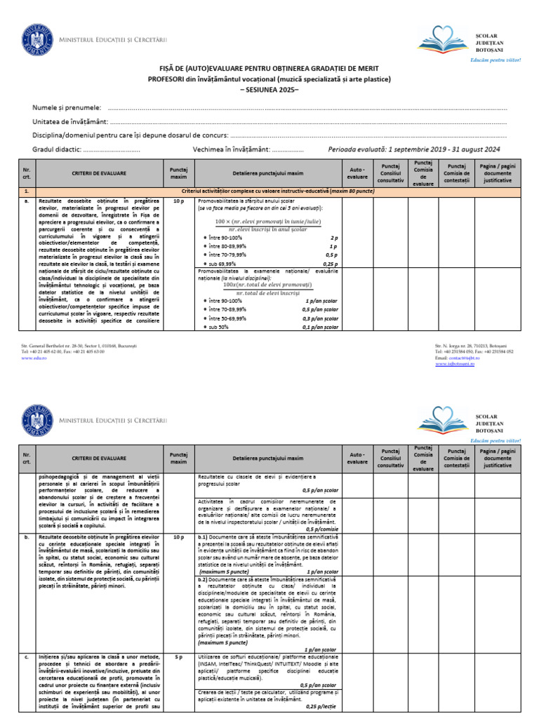 4 - Fisa (Auto) Evaluare - Profesori - Vocațional - 2025 | PDF