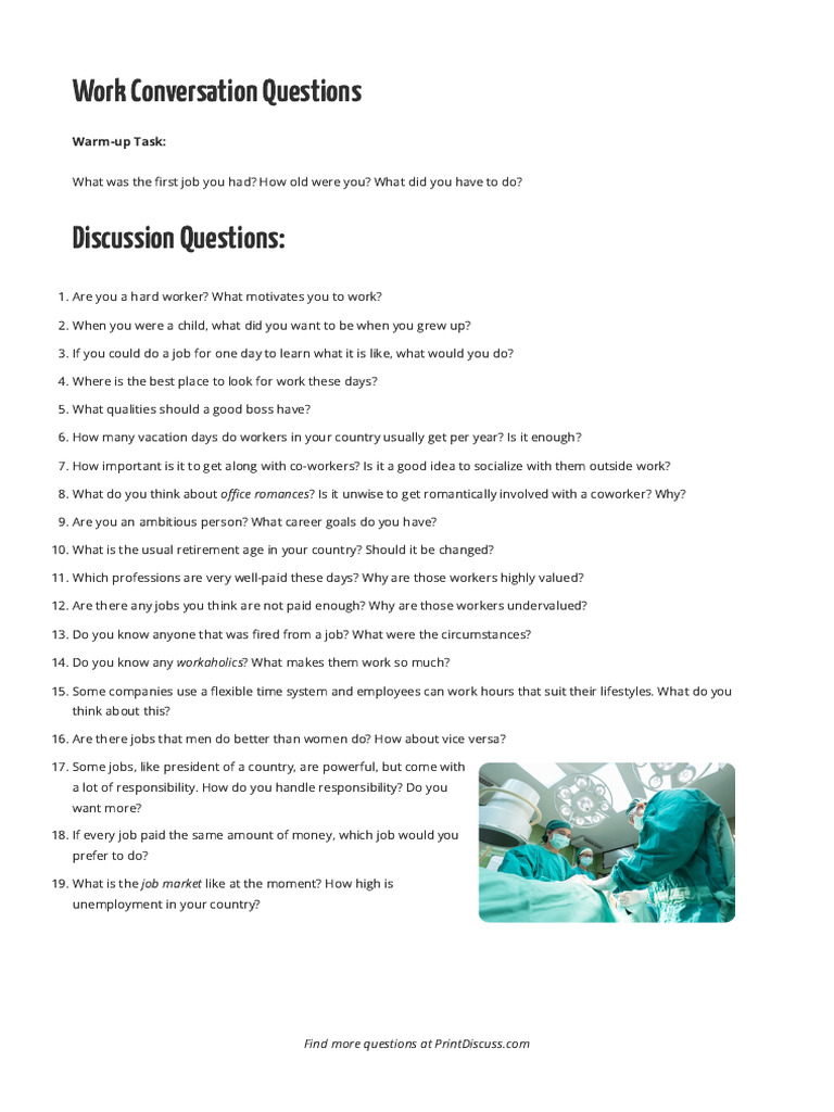 Work Conversation Questions for ESL | PDF