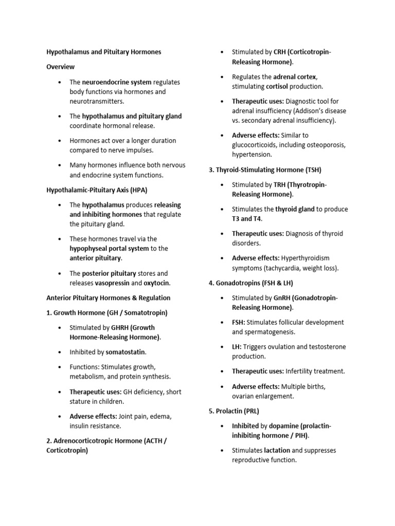 Hypothalamus and Pituitary Hormones Guide | PDF | Hypothalamus ...