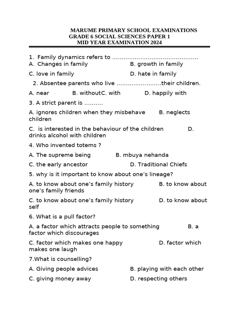 Grade 6 Social Sciences Exam Paper | PDF | Robert Mugabe