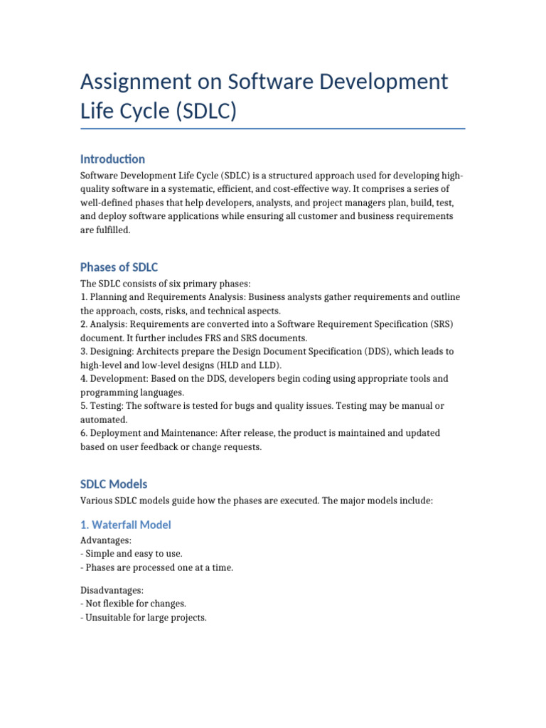 SDLC Assignment Overview and Models | PDF | Software Development ...