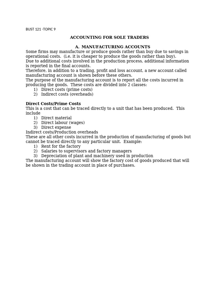 Manufacturing Accounts for Sole Traders | PDF | Expense | Depreciation
