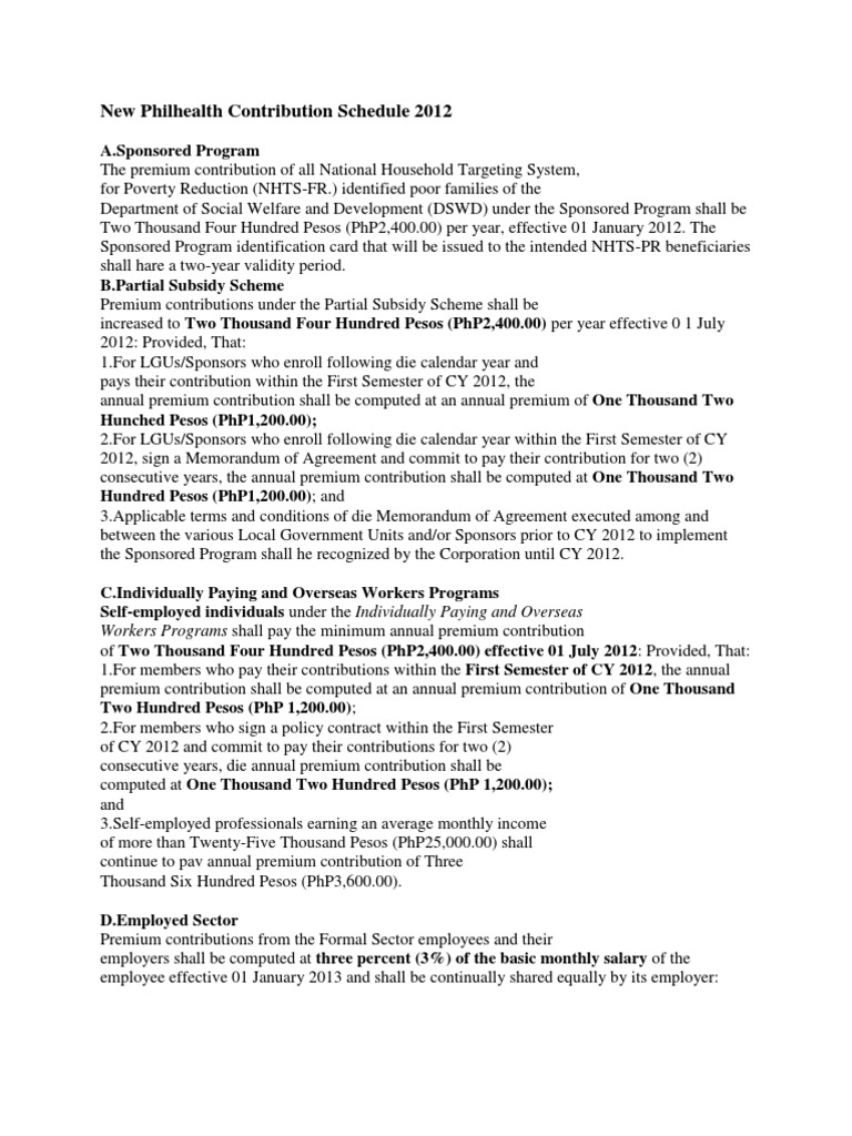 Philhealth Contribution Schedule 2012 | PDF | Welfare | Employment