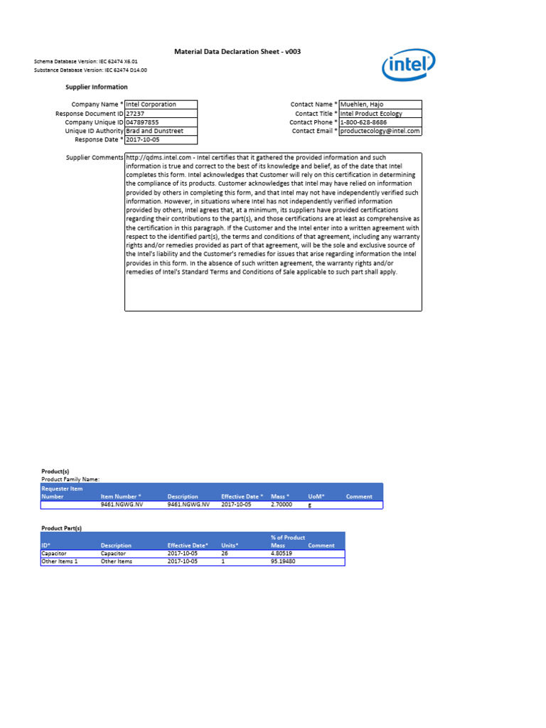 Intel Material Data Declaration | PDF | Chemical Substances | Materials