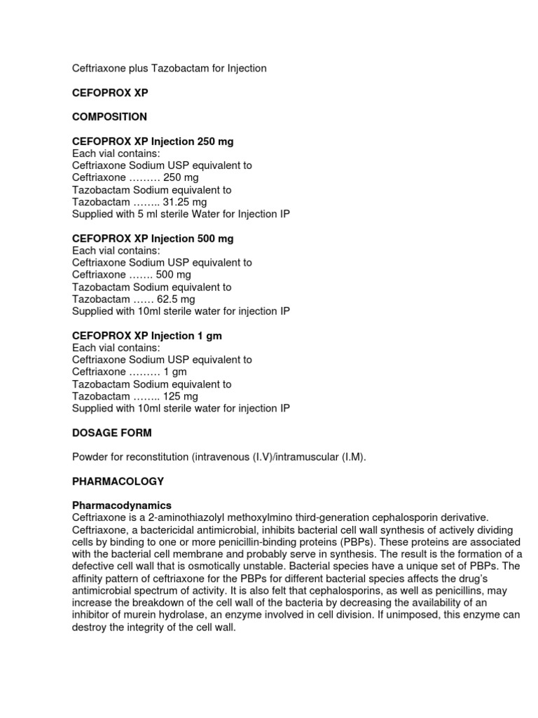 Ceftriaxone-Tazobactam Injection Overview | PDF | Beta Lactamase ...