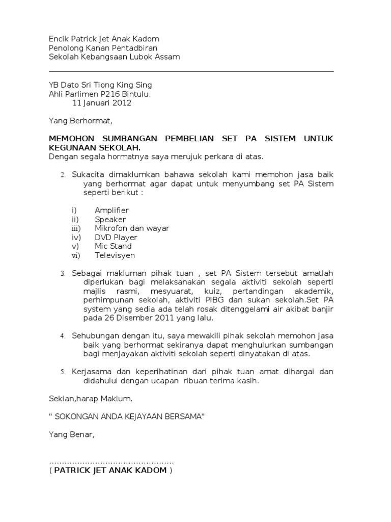 Contoh Surat Mohon Bantuan Kewangan Daripada Yb