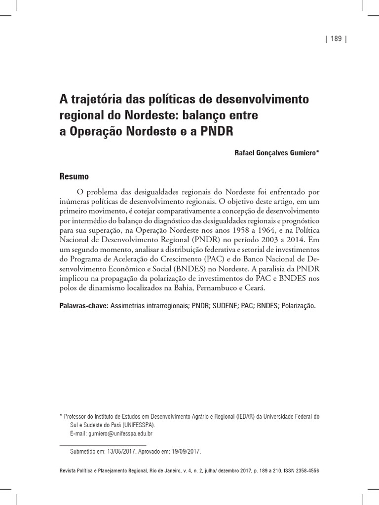 Artigo A Trajetoria Das Politicas de Desenvolvimento Regional Do ...