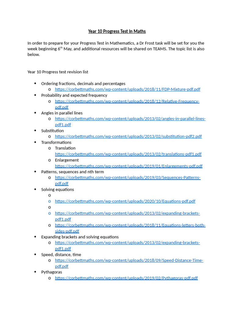 Year 10 Maths Progress Test Guide | PDF