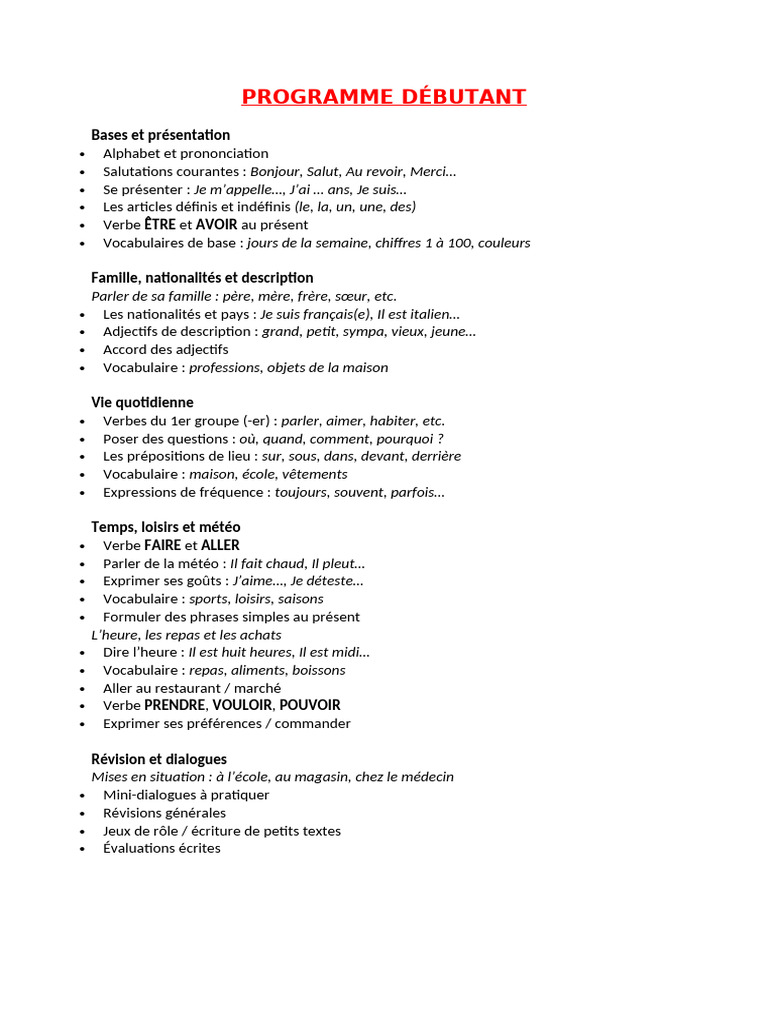 Programme de cours de français par niveaux | PDF | Verbe | Linguistique