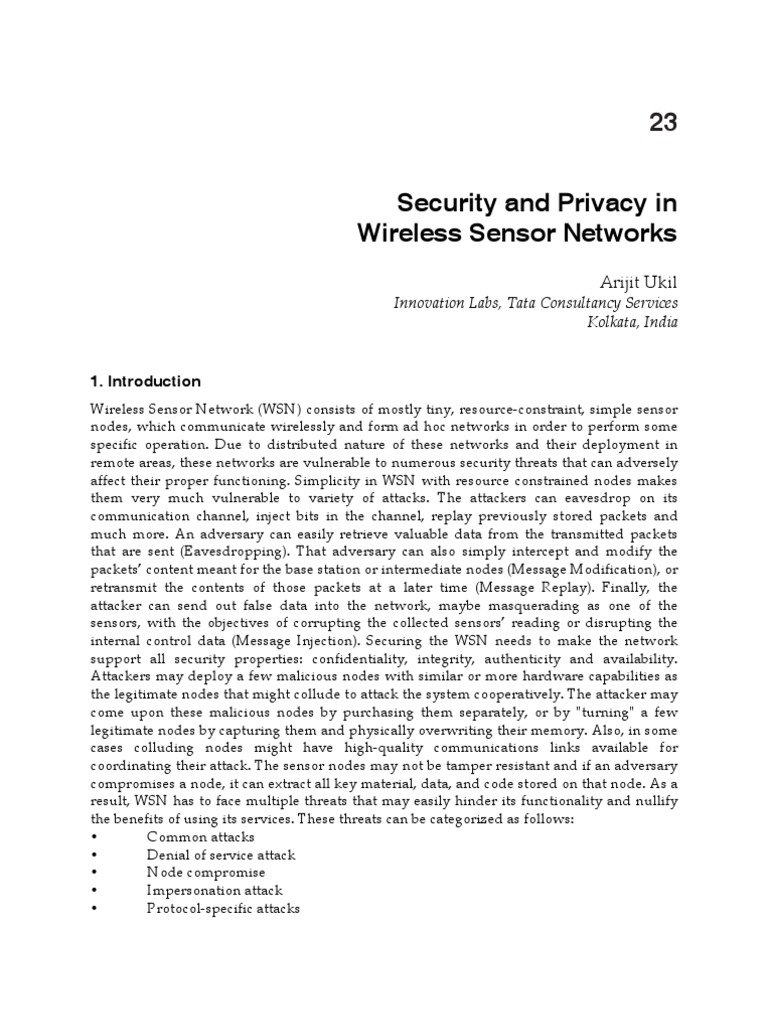 InTech-Security and Privacy in Wireless Sensor Networks | PDF ...