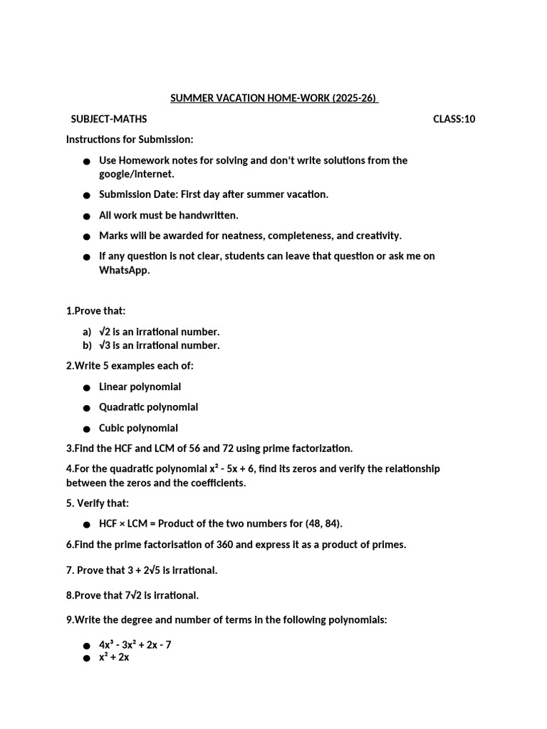 Class 10 Summer Math Homework 2025-26 | PDF | Polynomial | Factorization
