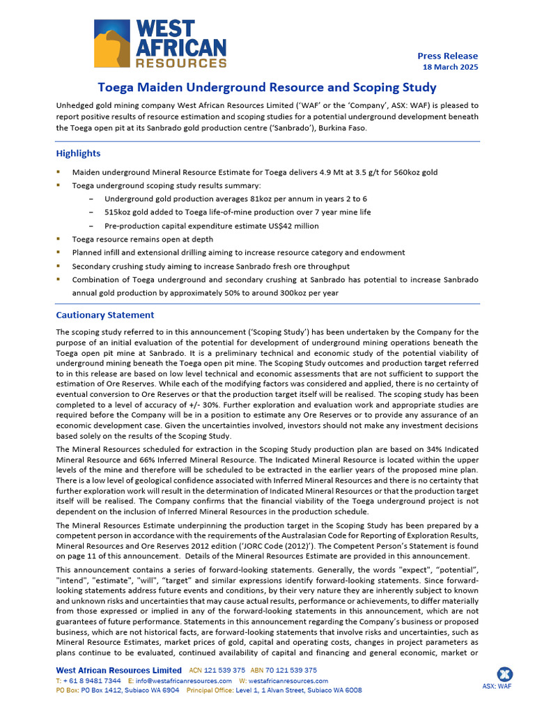 Toega Underground Resource & Scoping Study | PDF | Mining | Minerals