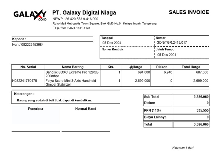 Invoice Penjualan PT Galaxy Digital | PDF