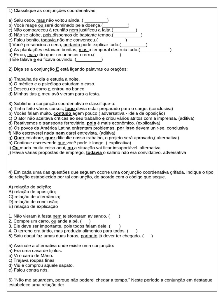 Exercícios sobre Conjunções Coordenadas | PDF
