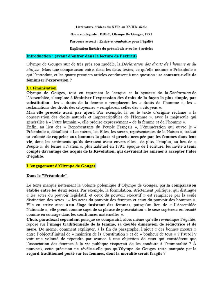 Analyse du Préambule d'Olympe de Gouges | PDF