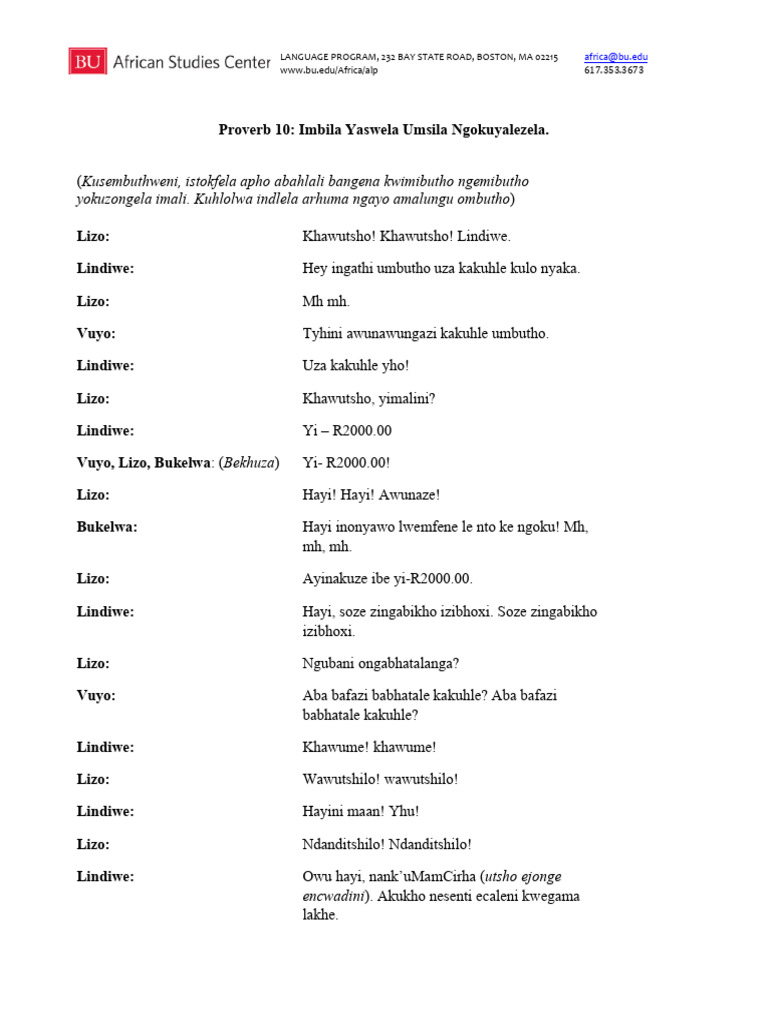 Imbila Yaswela Umsila A Xhosa Script PDF