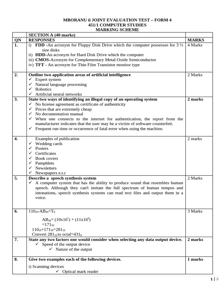 Form 4 Computer Studies Evaluation Guide | PDF | Central Processing ...