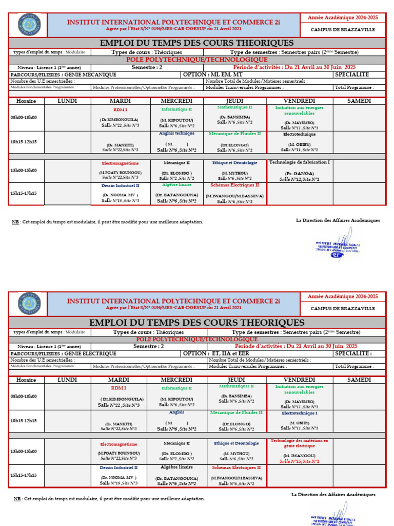 Emploi du Temps 2024-2025 Polytechnique | PDF | Chimie | Informatique