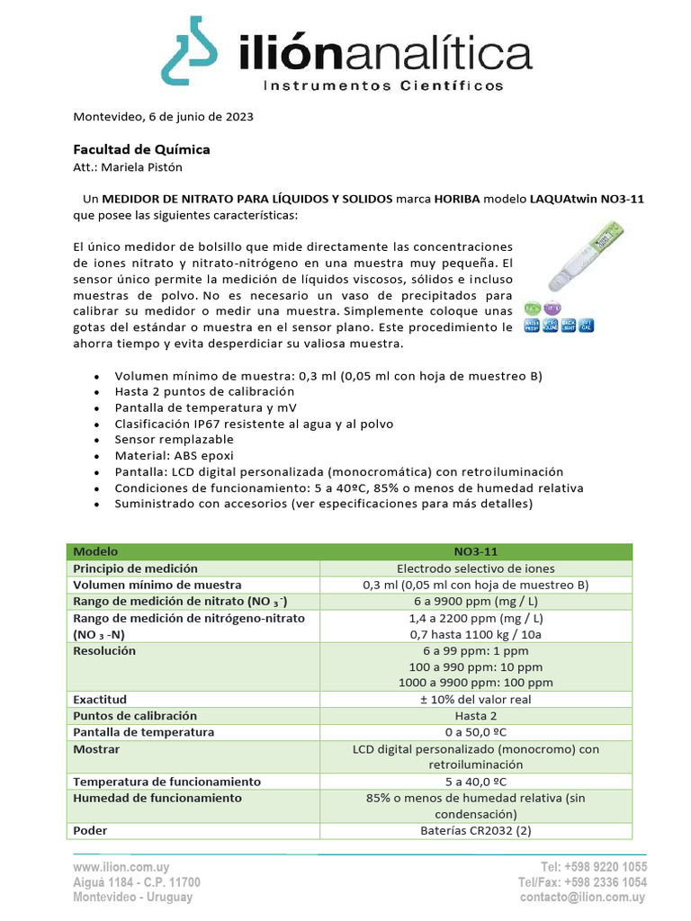 Medidor de NO3 LAQUAtwin NO3-11 - FQ | PDF | Partes por notación | Sensor