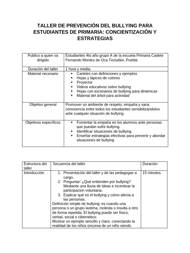 Taller de Prevención Del Bullying para Estudiantes de Primaria | PDF