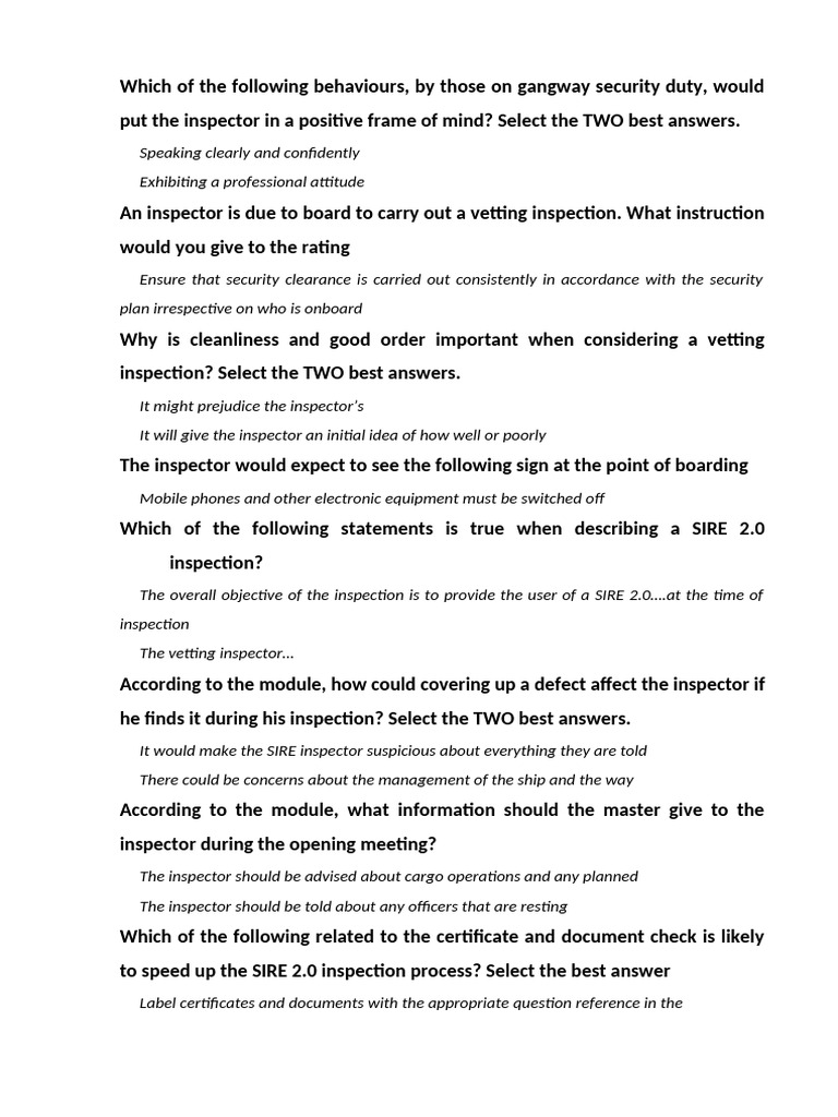SIRE 2.0 Inspection Preparation Guide | PDF