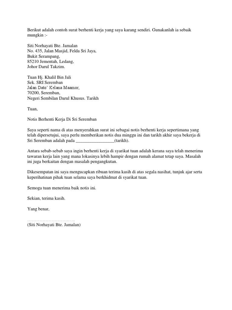 contoh surat tamat kontrak kerja