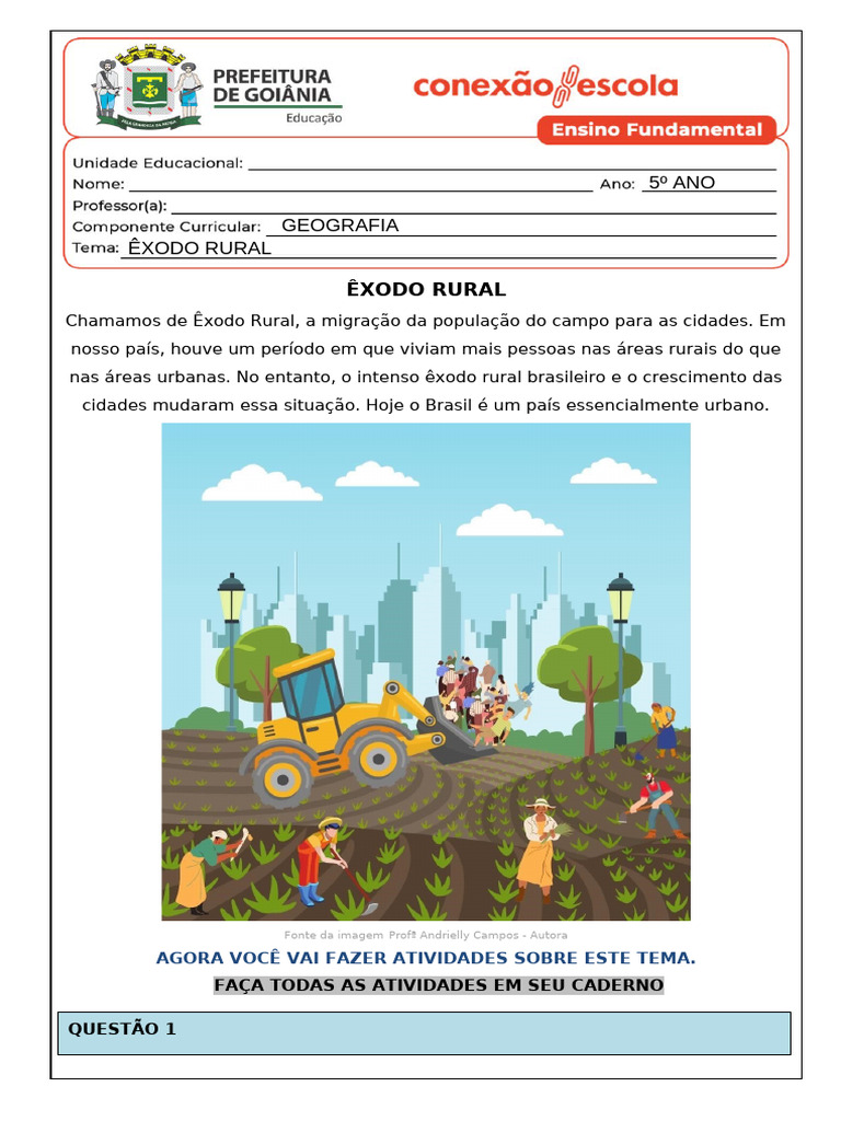 Atividades sobre Êxodo Rural para 5º Ano | PDF | Geografia | Brasil