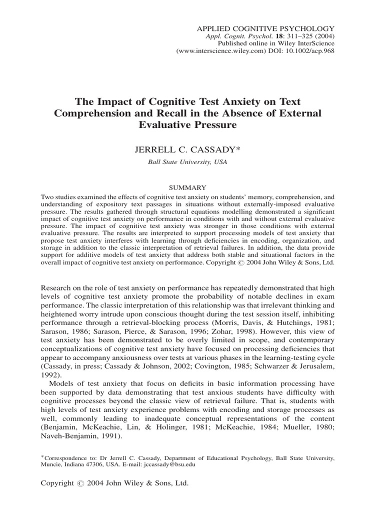 Effects of Test Anxiety on Comprehension | PDF | Anxiety | Recall (Memory)