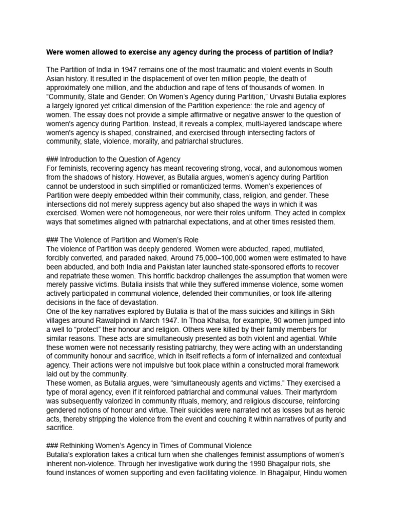 Women's Agency in India's Partition | PDF | Patriarchy | Partition Of India