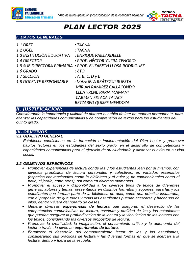 Plan Lector 6to 2025 | PDF | Salón de clases | Educación primaria