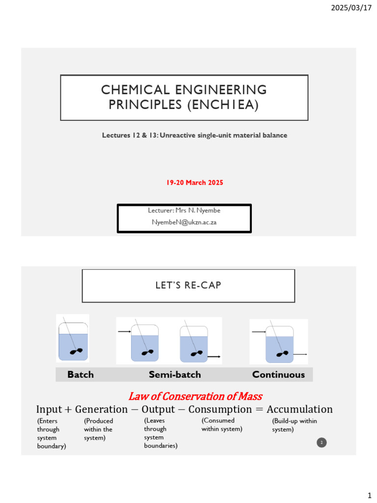 Lecture 12-13 - Unreactive Mass Balance Single Unit (19-20 Mar) | PDF ...
