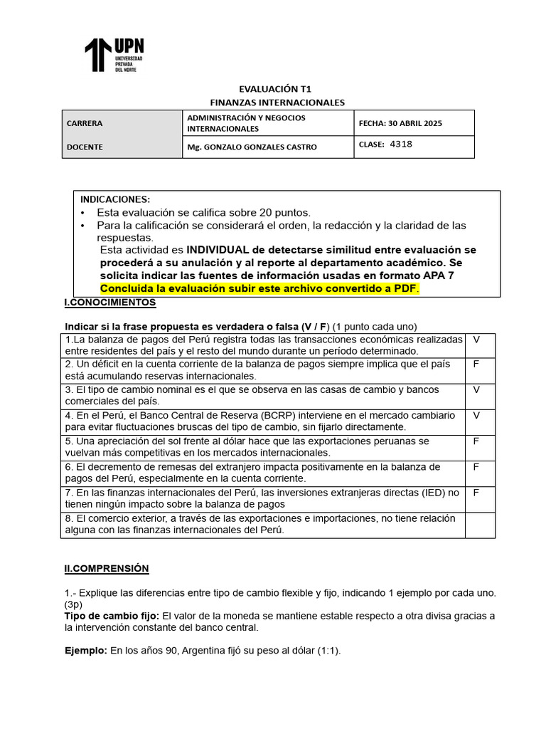 Evaluación de Finanzas Internacionales T1 | PDF | Tipo de cambio | Tipo ...