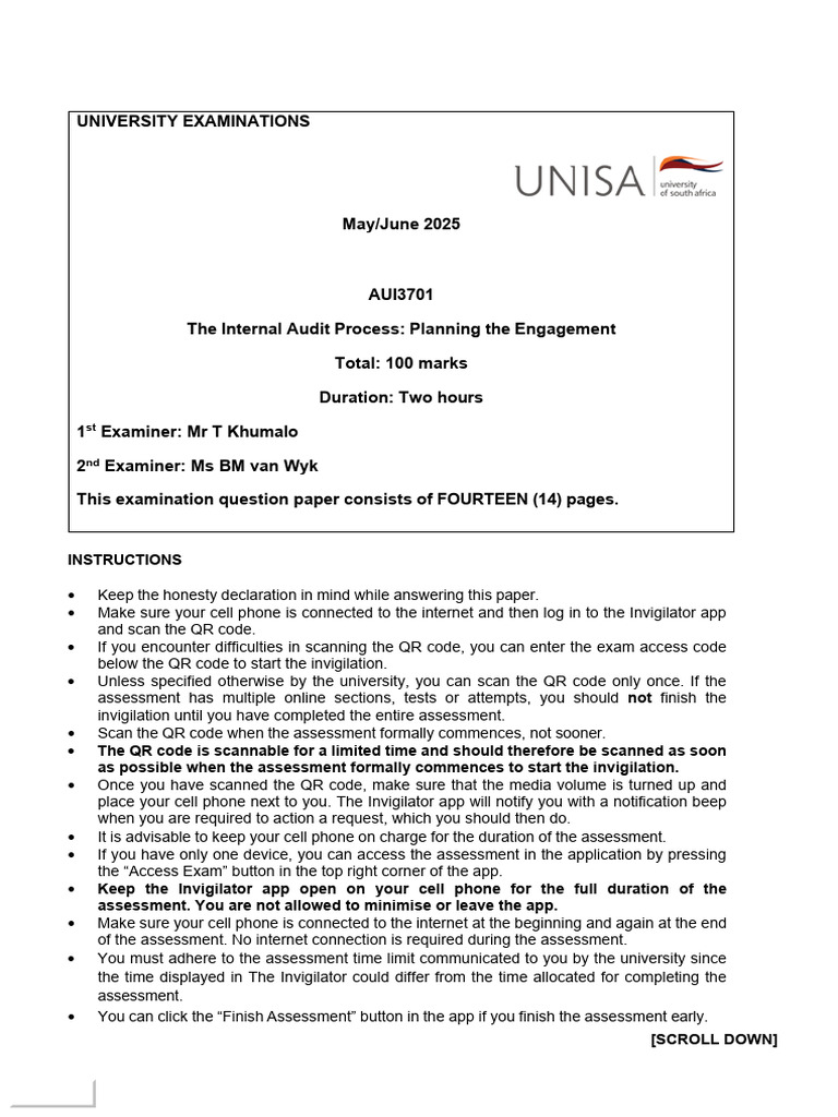 AUI3701 Exam: Internal Audit Process | PDF | Internal Audit | Audit