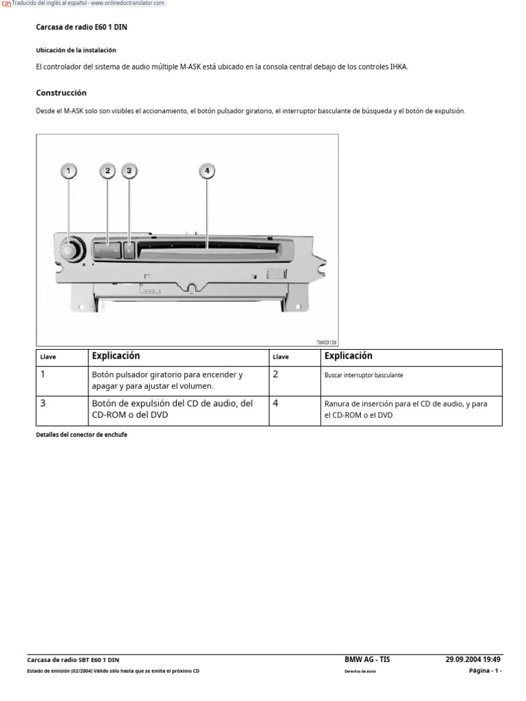 E60 DIN Radio Rear View - En.es | PDF | Altoparlante | Conector eléctrico