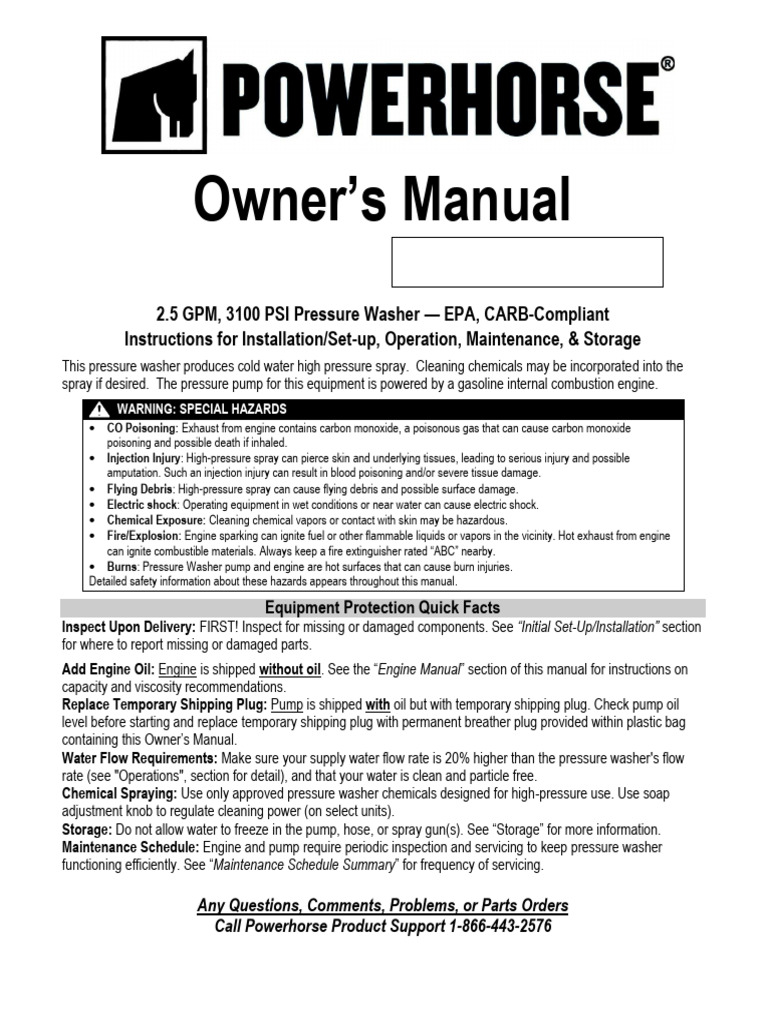 3100 PSI Pressure Washer Owner's Manual | PDF | Pump | Exhaust Gas