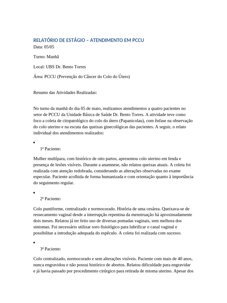 Relatório de Atendimento em PCCU | PDF | Gravidez | Câncer cervical