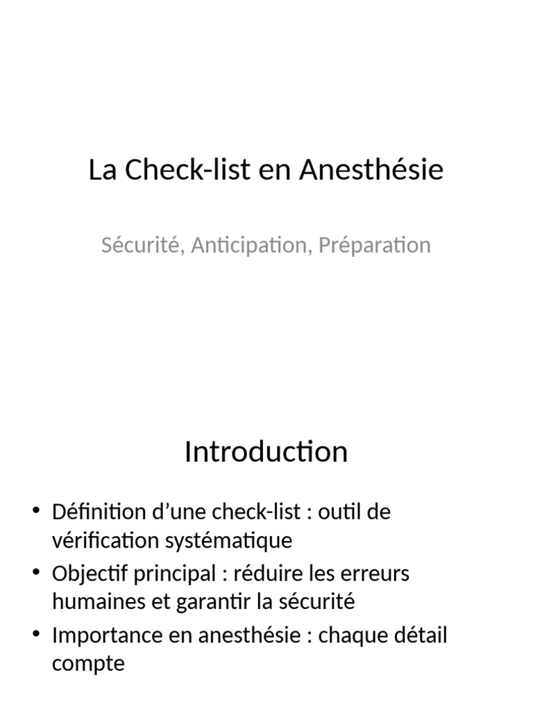 Check-list essentielle en anesthésie | PDF | Médecine | Spécialités ...