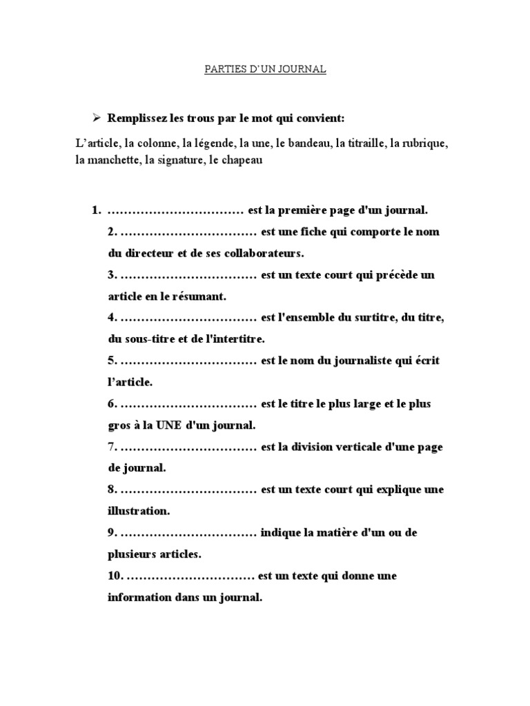 Exercice Parties d'Un Journal