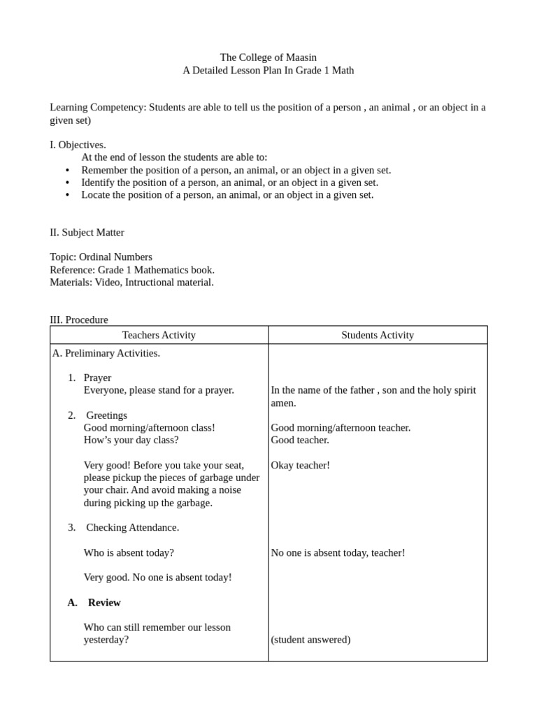 Grade 1 Math Lesson on Ordinal Numbers | PDF