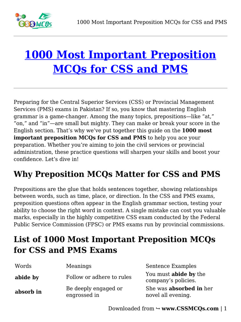 1000 Most Important Preposition MCQs For CSS and PMS | PDF